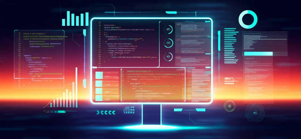 Interface de código futurista representando desenvolvimento web e mobile avançado