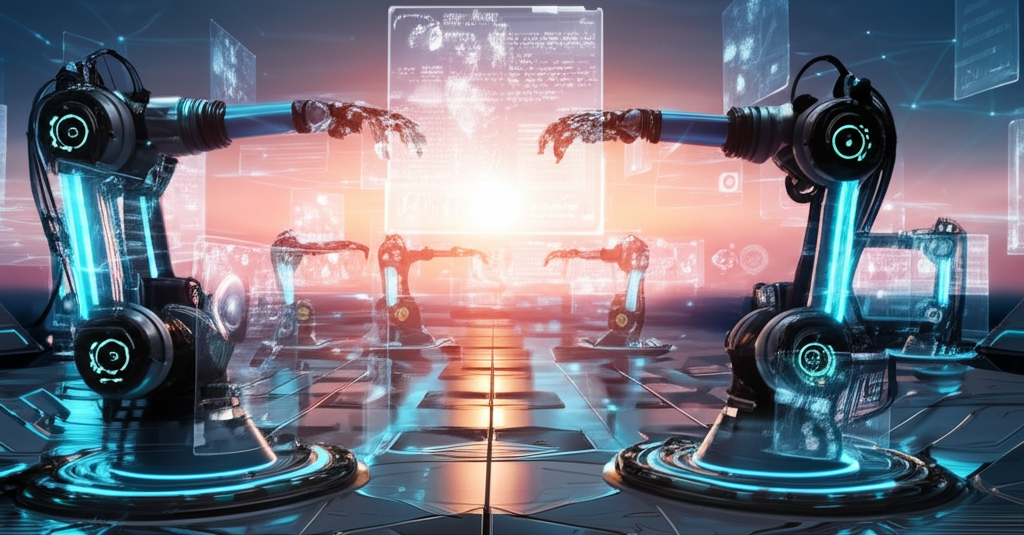 Sistema de automação futurista com robôs e fluxos de trabalho digitais